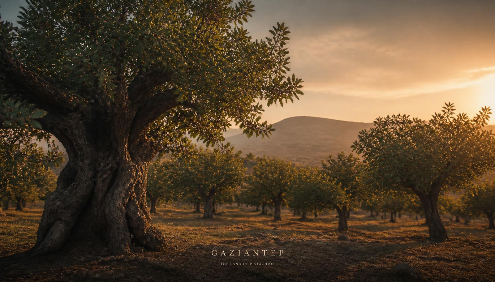 Ancient pistachio orchard in Gaziantep at golden hour