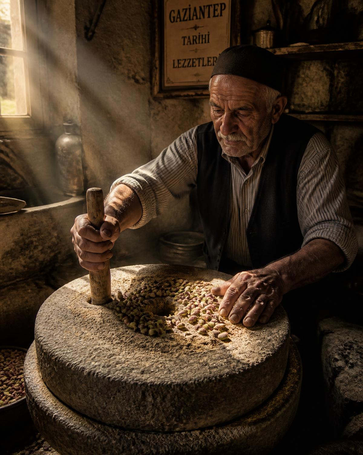 Craftsman grinding pistachios on a traditional stone mill in Gaziantep